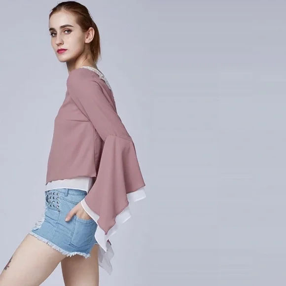 Crochet Lace Back Bell Sleeves Rose Chiffon Blouse - Picture 2 of 8